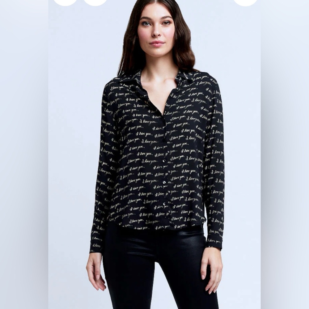 L'AGENCE Black Script-Print Button-Down Shirt